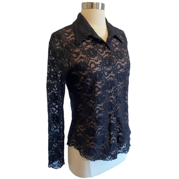 Mesh Lace Long Sleeve Button Down Blouse - Picture 5 of 11